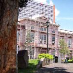International schoolhouse in a city with a park and garden.