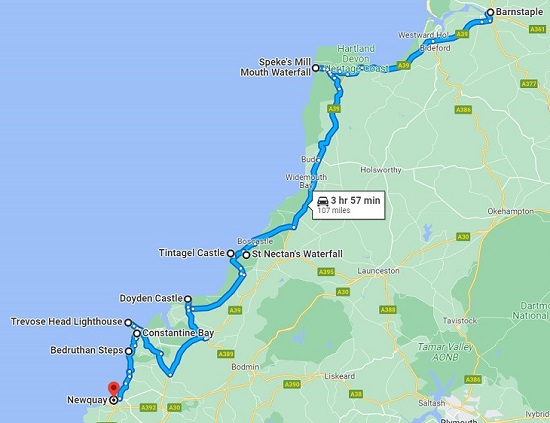 Map of the drive from Barnstaple in Devon to Newguay in the UK.