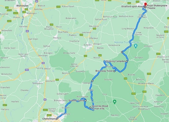 Map showing the driving route for the scenic drive in Cotswolds England.