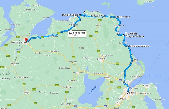 Map showing the North Ireland route from Belfast to Derry.
