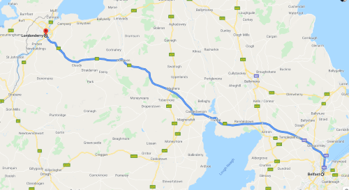 Map showing the North Ireland route from Belfast to Derry.