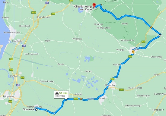 Map of the drive from Sumerset to Cheddar George in England.