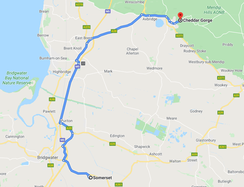 Map of the drive from Sumerset to Cheddar George in England.