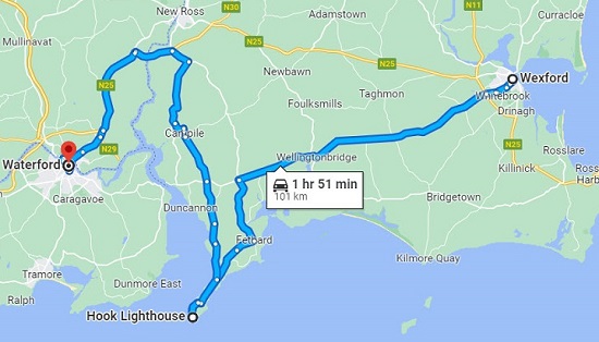 Driving map from Wexford to Waterford.
