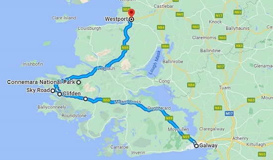 Scenic driving route in Ireland from Galway to Westport.