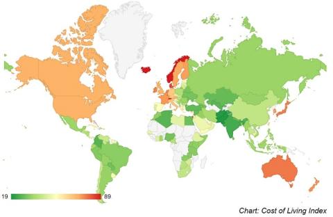 Worldwide heatmap shows cost of living by country.