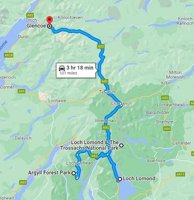 Road map of the scenic drive from Loch Lomond to Glencoe, UK.