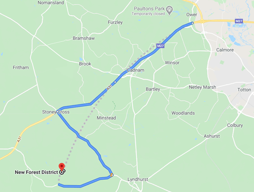 Road trip map through South England's New Forest.