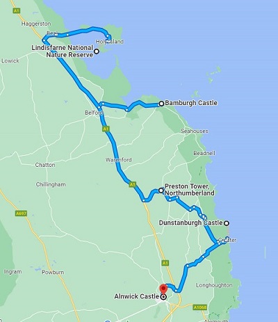 Map of the road trip along the North Northumberland coast.