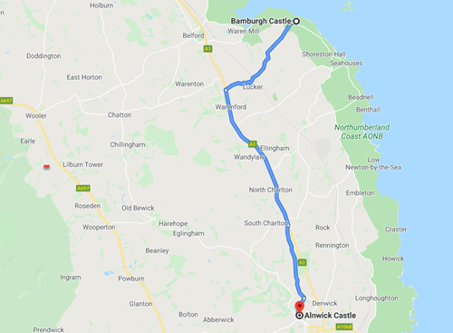 Map of the road trip along the North Northumberland coast.