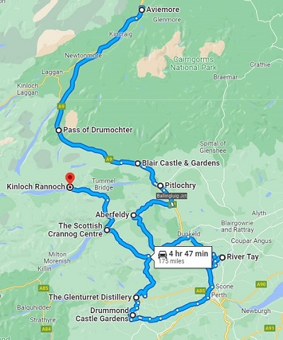 Map of the scenic route along Highland Perthshire Loop in Scotland.
