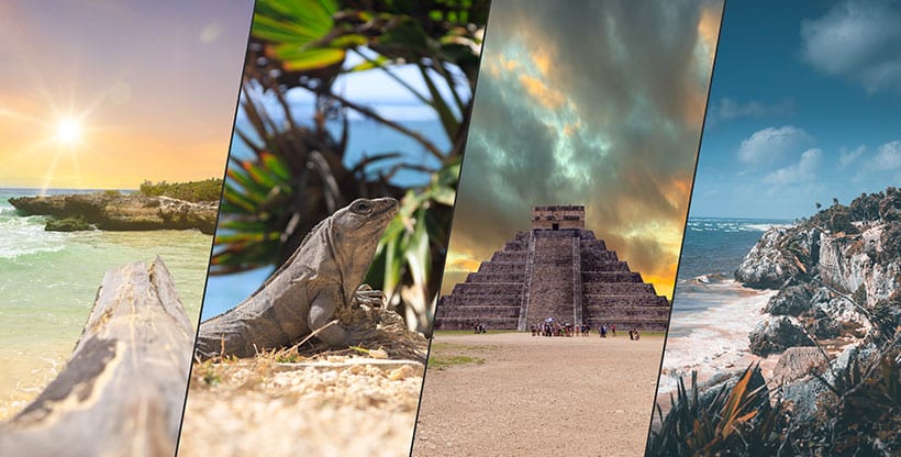 An emblematic collage of Mexico including an iguana, the ancient ruins of Chichen Itza, and picturesque coastlines with turquoise water.