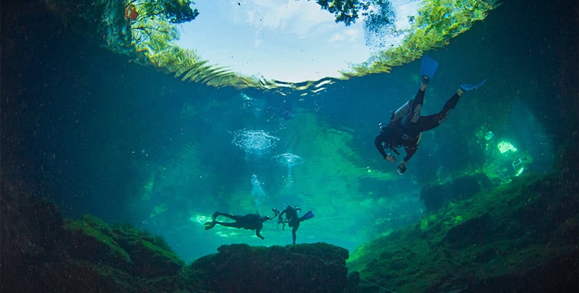 Expat scuba divers explore the crystal-clear waters of a Mexican cenote, a natural pit or sinkhole filled with groundwater.