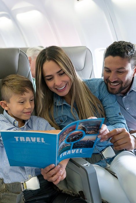 Family on airplane traveling abroad.