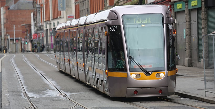The Luas tram in Dublin shares roads with cars.